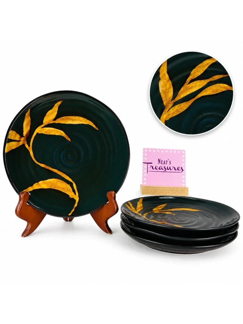 Pier 1 DAKARA Bamboo Leaf Yellow Rust Hand Painted Stoneware 8 5/8